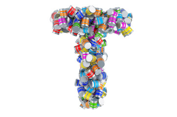 Letter T from colored paint cans, 3D rendering