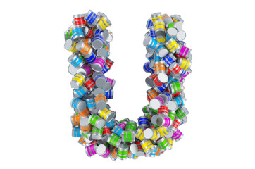 Letter U from colored paint cans, 3D rendering