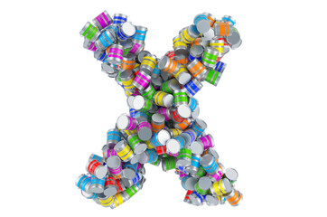 Letter X from colored paint cans, 3D rendering