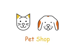 Vector outline illustration of cute muzzle of cat and smiling dog. Trendy concept for pet shop or veterinary.