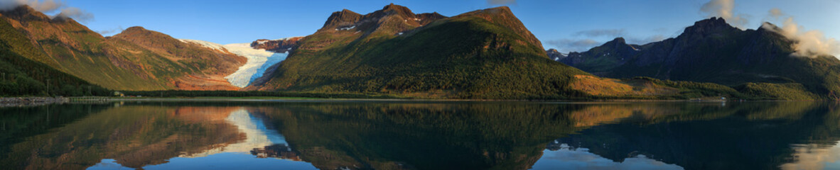 Svartisen Glacier landscape on a sunny day, panoramic view