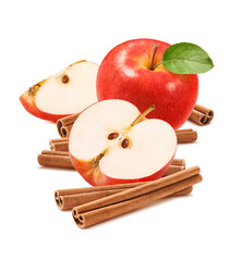 Red apples and cinnamon sticks isolated on white background