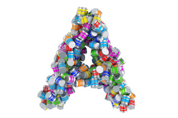 Letter A from colored paint cans, 3D rendering