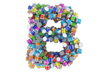 Letter B from colored paint cans, 3D rendering