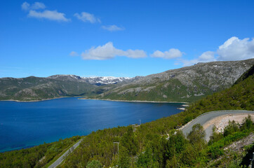 Naklejka na ściany i meble summer mountain peaks and blue fjord