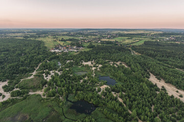 Beautiful lake with sand islands like atol. Lake pogoria in Dabrowa Gornicza Poland aerial drone view