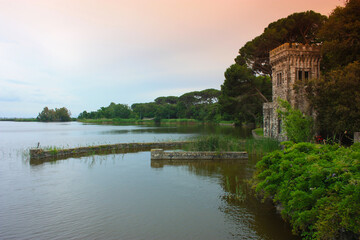 Fototapeta premium The turret of Villa Orlando on the Lake Massaciuccoli