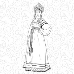 Hand drawn Vector illustration. Russian women in traditional costumes and headdresses for adult coloring book