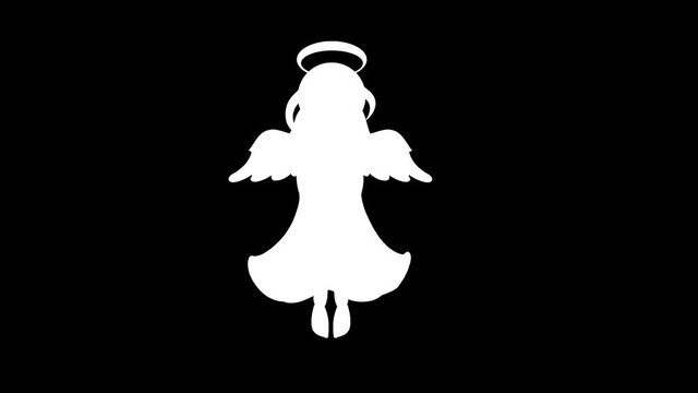 A drawn stylized angel with moving wings and a halo above his head hangs in space with his hands folded in prayer. Animation video with a black and white mask of brightness for cutting the background.