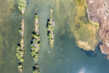 Beautiful lake with sand islands like atol. Lake pogoria in Dabrowa Gornicza Poland aerial drone view