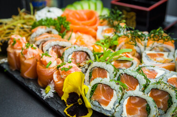 Sushi set (combo). Traditional Japanese cuisine, premium sushi decorated in elegant surroundings.