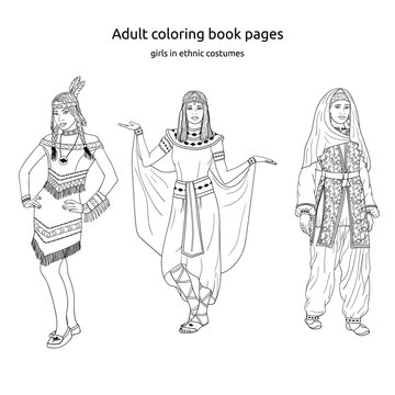 Hand drawn Vector illustration. Woman for adult coloring book. Native american girl, Egyptian, Turkish woman in national dress, traditional clothes
