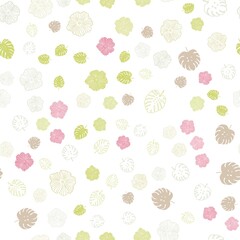 Light Green, Red vector seamless natural background with leaves, flowers. Abstract illustration with leaves, flowers in doodles style. Pattern for design of fabric, wallpapers.