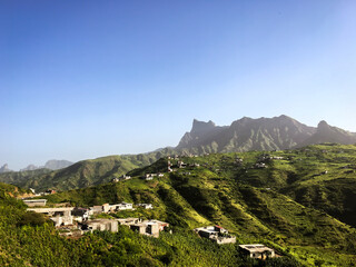 Green, hilly, beautiful landscape in the island of Santiago in Cape Verde, Africa