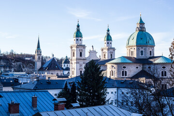 Fototapeta na wymiar View of Salzburg Rooftops and Salzburg Cathedral (Salzburg Dom) from Hohensalzburg Fortress