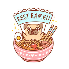 Cute pug dog in a bowl of ramen with noodles, egg, fish and shrimp. Inscription on the ribbon: Best ramen! It can be used for menu, brochures, poster, sticker etc. 
