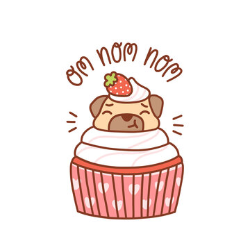 Cute pug dog in a cupcake, decorated with strawberries. It can be used for menu, brochures, poster, sticker etc. Vector image isolated on white background.