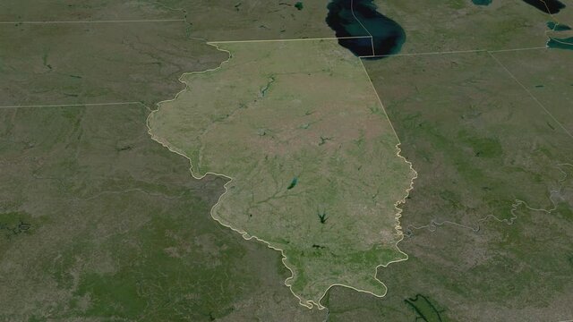 Illinois, state with its capital, zoomed and extruded on the satellite map of United States in the conformal Stereographic projection. Animation 3D