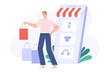 Online shopping concept, happy customer with shopping bags, delivered orders, smartphone screen with goods, online store app for e-shopping from home, flat vector cartoon illustration