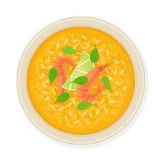 Thai Main Course with Rice and Shrimps Top View Vector Illustration