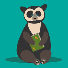 Spectacled bear sitting with a book on a green background. Animals of south america.
