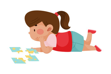 Little Girl Lying and Putting Together Jigsaw Puzzle Vector Illustration