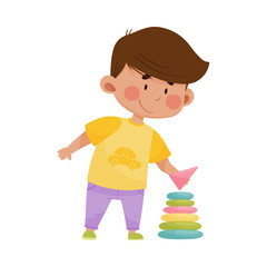 Little Boy Playing with Construction Toy Isolated on White Background Vector Illustration