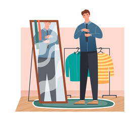 Man getting dressed in front of a full length mirror at home tying his necktie looking at his reflection, colored vector illustration