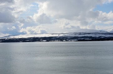 fjord and snowy mountain landscape