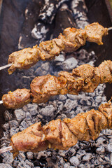 Marinated meat on the metal skewers cooked on the grill