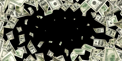 Fototapeta na wymiar Dollar sign. American money. Cash black background, us bill. Money falling.