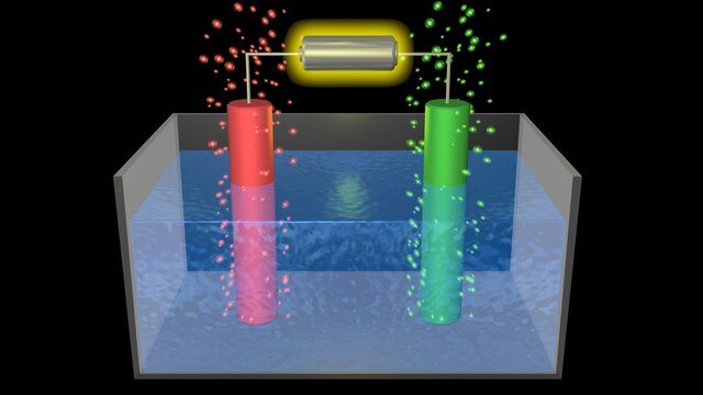 Electrolysis . Electrical current separating water into hydrogen and oxygen gas. 3d rendering illustration. Front view