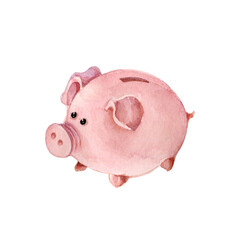 Piggy bank. Watercolor illustration isolated on white.
