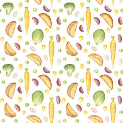 Seamless pattern with potato grilled slices, carrot, Brussels sprout, broccoli, corn, pea and beans. Watercolor illustration. Organic and natural food for joyful contemporary backgrounds. 