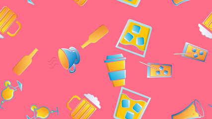 Endless seamless pattern of beautiful glass glasses with tasty alcoholic cocktails with ice and straws with lemons and beer for a party on a pink background. Vector illustration