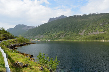Fototapeta na wymiar fjord and summer mountain landscape on the island of Senja, northern Norway