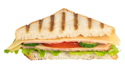 Sandwich with ham, cheese, tomato, lettuce and toasted bread isolated on a white background