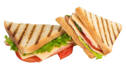 Sandwich with ham, cheese, tomato, lettuce and toasted bread isolated on a white background