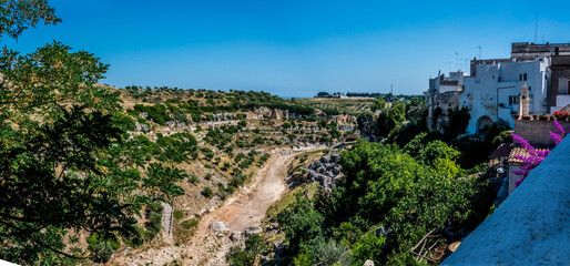 A view along the gorge as it approaches the town of Laterza, Italy in the summertime
