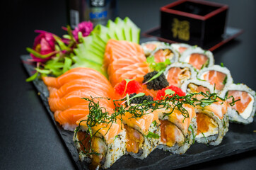 Sushi set (combo). Traditional Japanese cuisine, premium sushi decorated in elegant surroundings.
