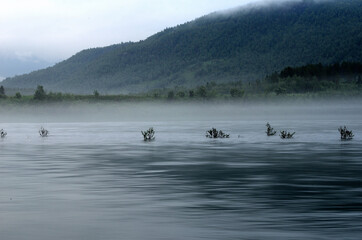 heavy mist over river landscape