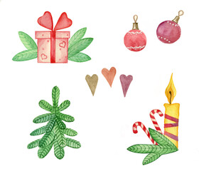 Christmas set. Gift box with red bow, christmas tree toys, hearts, fir tree, candle and candies. Watercolor illustrations isolated on white.