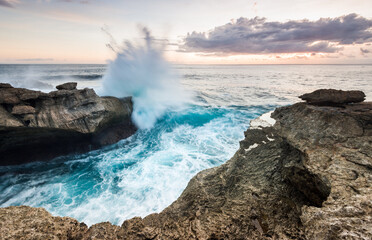 Fototapeta premium miss the ocean and summer vacation, cliff rocky coast at sunset