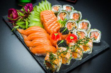 Sushi set (combo). Traditional Japanese cuisine, premium sushi decorated in elegant surroundings.