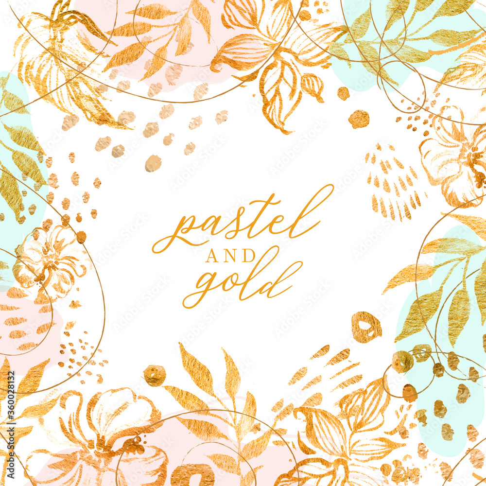 Wall mural Pastel and gold hand drawn floral background