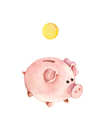 Piggy bank with falling golden coin. Watercolor illustration isolated on white.
