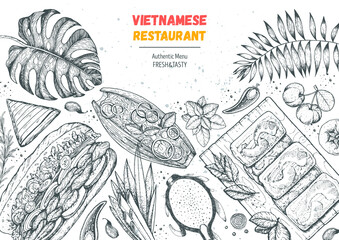 Vietnamese food top view frame. A set of vietnamese dishes . Food menu design template. Hand drawn sketch vector illustration. Engraved style.