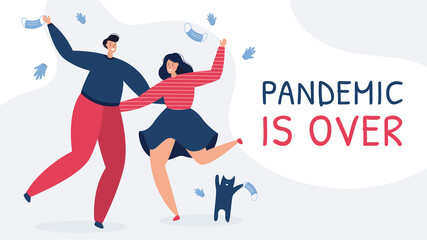 Vector illustration banner, covid-19 pandemic finished and quarantine is over. A couple with their cat are happy that the epidemic lockdown ended, tossing masks and gloves in the air, celebrating