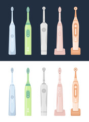 Flat vector illustration set of electric toothbrushes. Oral care hygiene products, dental cleaning tools on white and dark background.
