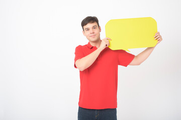 A Caucasian Middle aged Man is holding yellow empty speech on white background